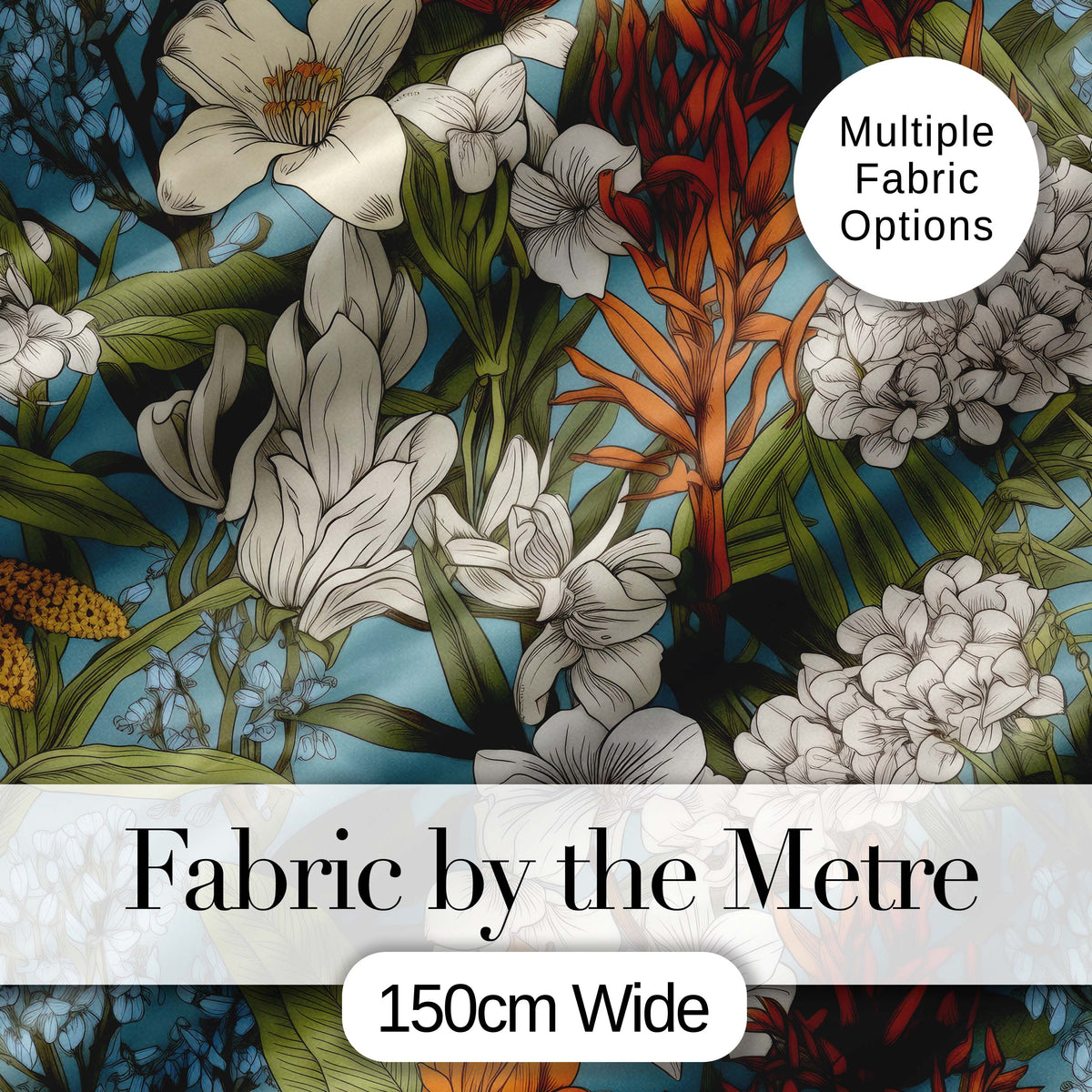 Botanical Floral Illustration Blue Background Seamless Lovely Digital Print Material by the Metre UK Sewing Quilting Textile