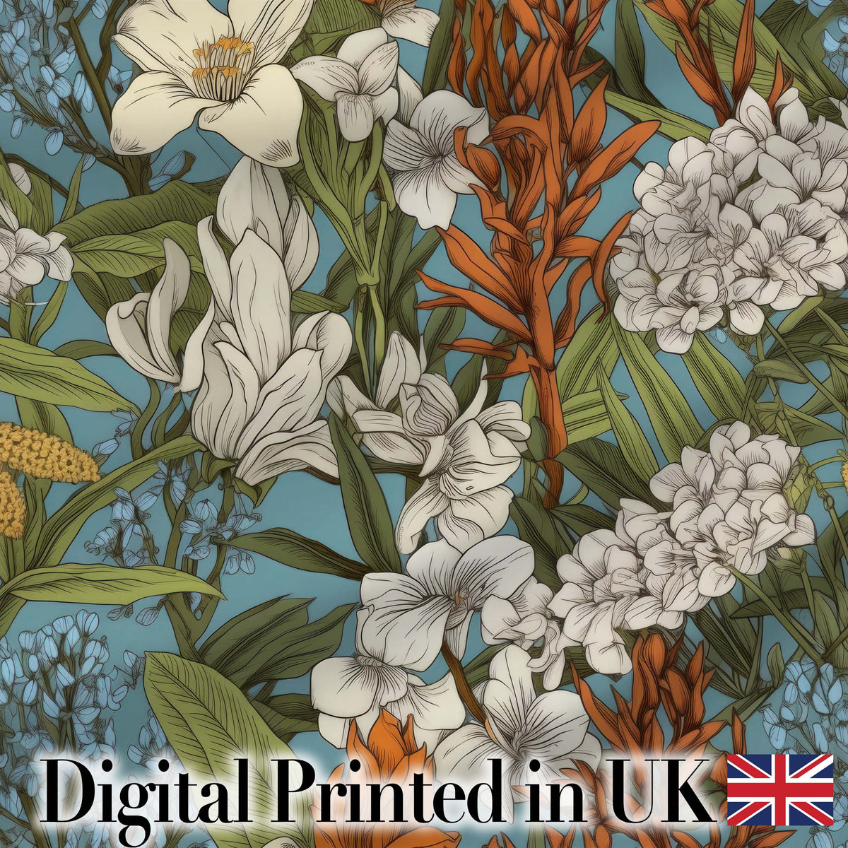 Botanical Floral Illustration Blue Background Seamless Lovely Digital Print Material by the Metre UK Sewing Quilting Textile