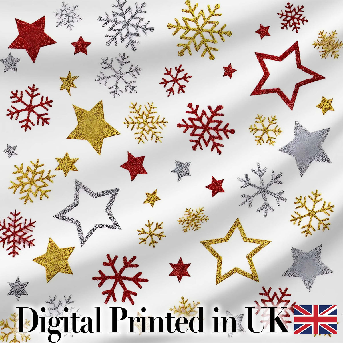 Festive Stars and Snowflakes Pattern White Background Seamless Digital Print Material by the Metre UK Sewing Quilting Textile