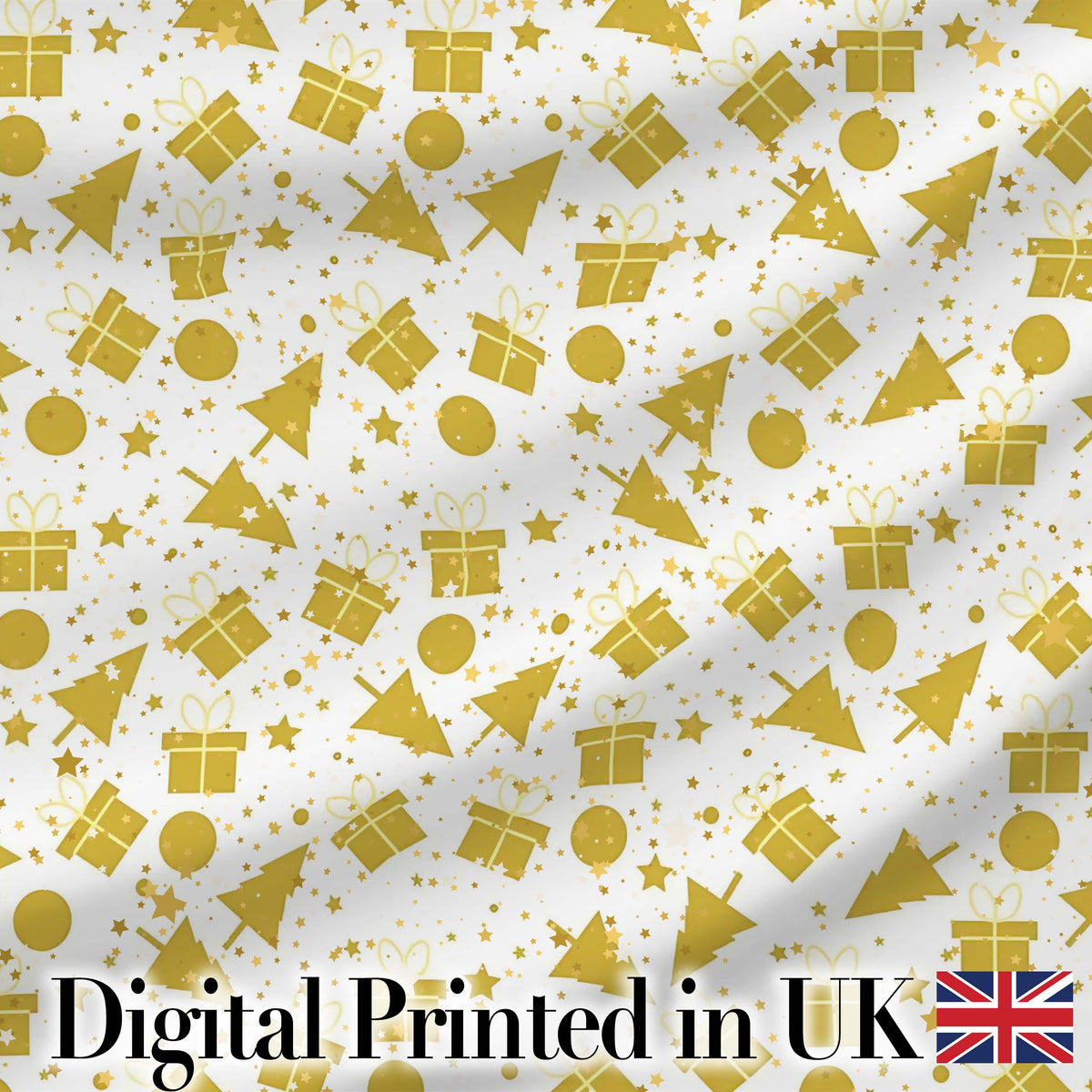 Gold Christmas Icons Pattern White Background Seamless Lovely Digital Print Material by the Metre UK Sewing Quilting Textile