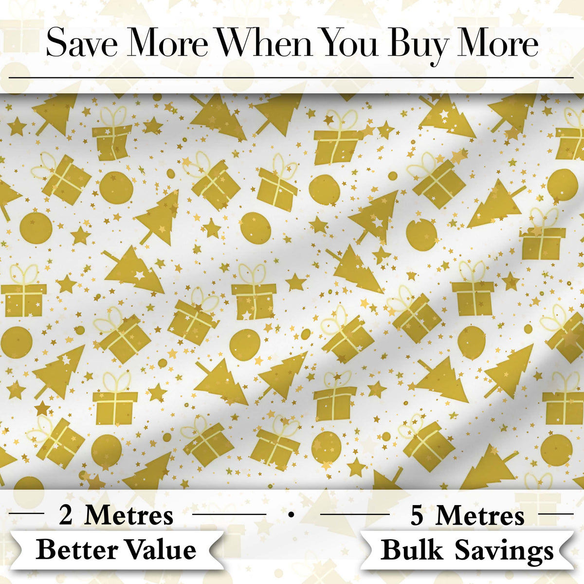 Gold Christmas Icons Pattern White Background Seamless Lovely Digital Print Material by the Metre UK Sewing Quilting Textile
