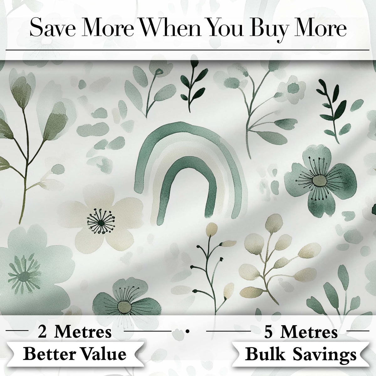Watercolor Green Floral Rainbow Pattern White Background Seamless Digital Print Material by the Metre UK Sewing Quilting Textile