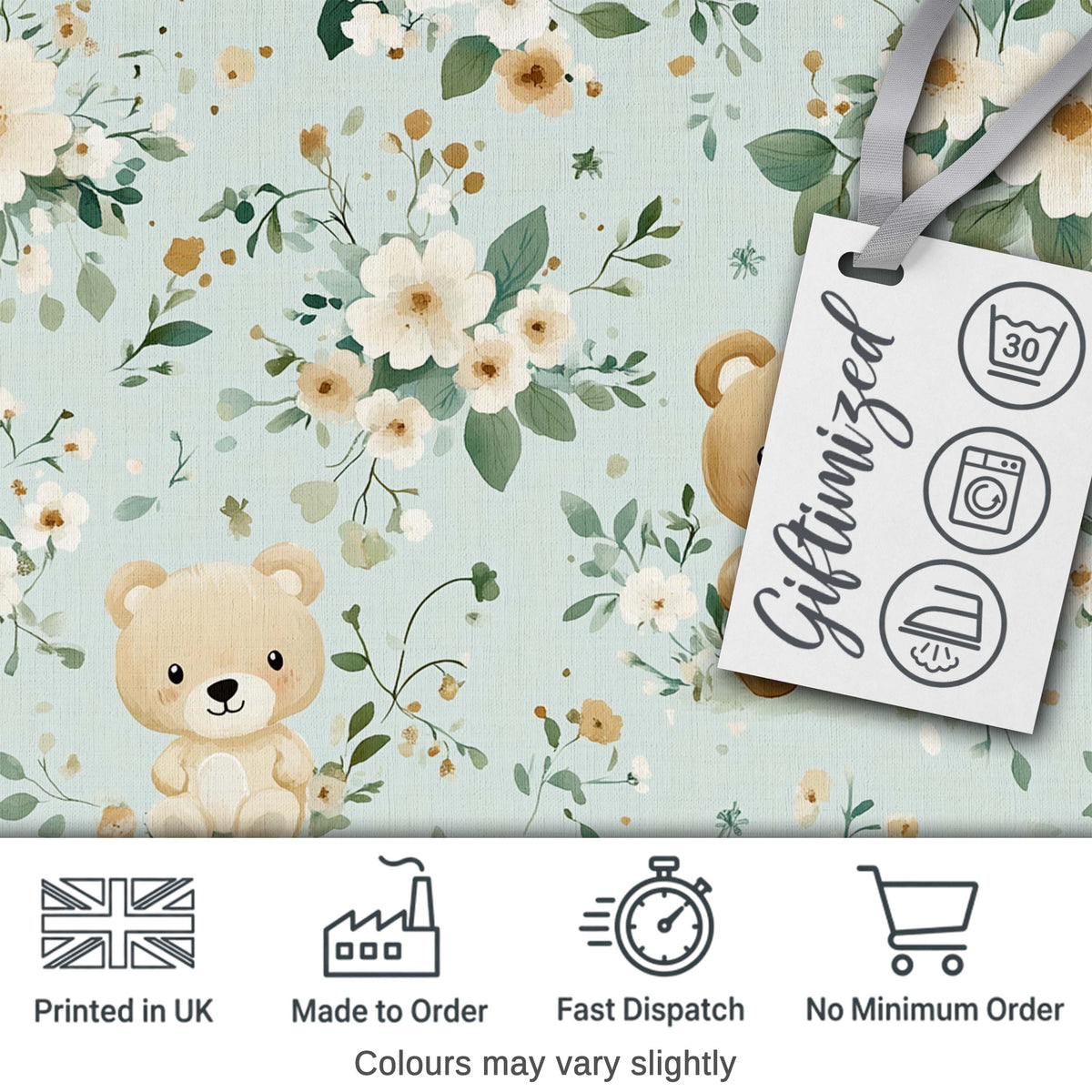 Teddy Bear Floral Nursery Pattern Blue Background Seamless Lovely Digital Print Material by the Metre UK Sewing Quilting Textile