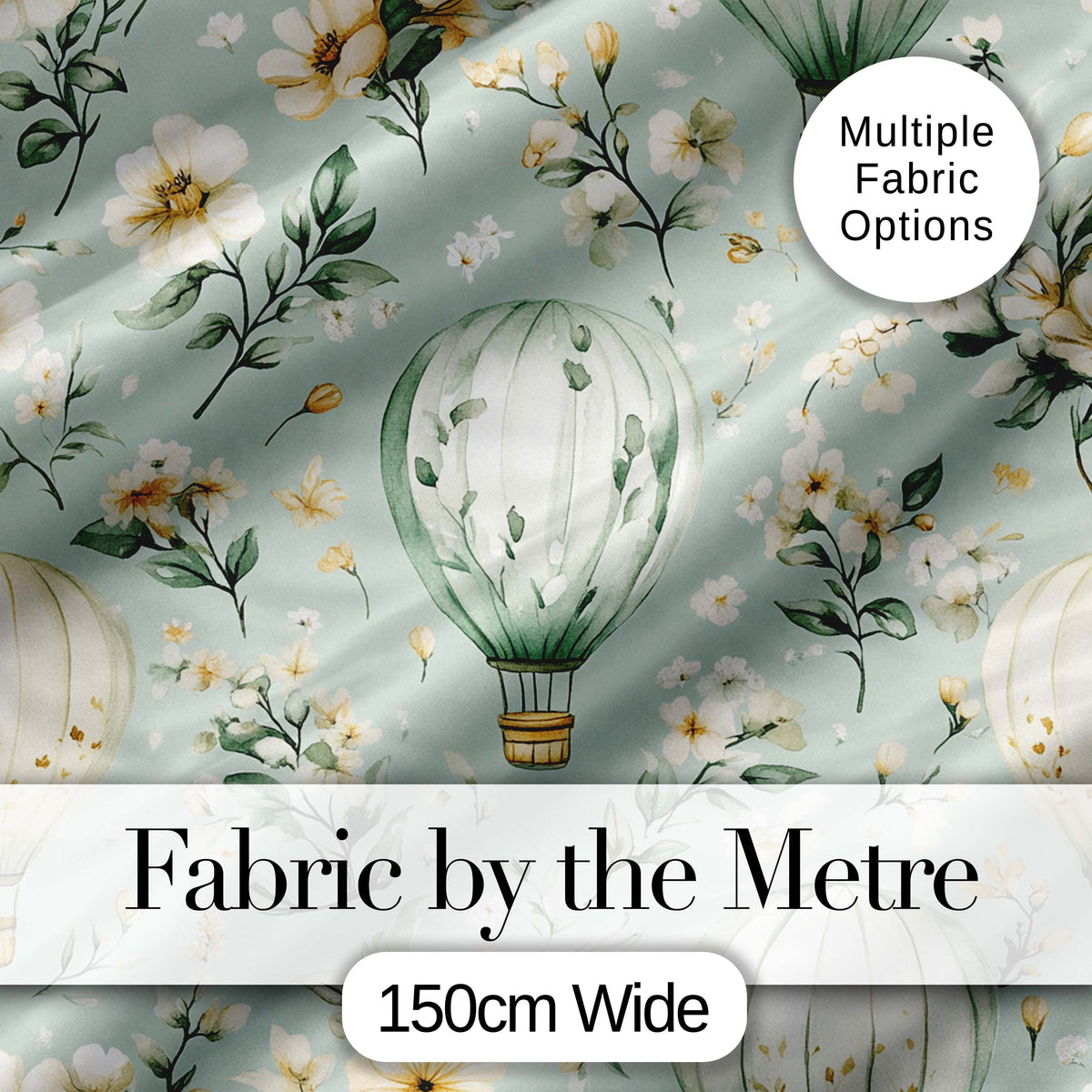 Hot Air Balloon Floral Pattern Green Background Seamless Lovely Digital Print Material by the Metre UK Sewing Quilting Textile