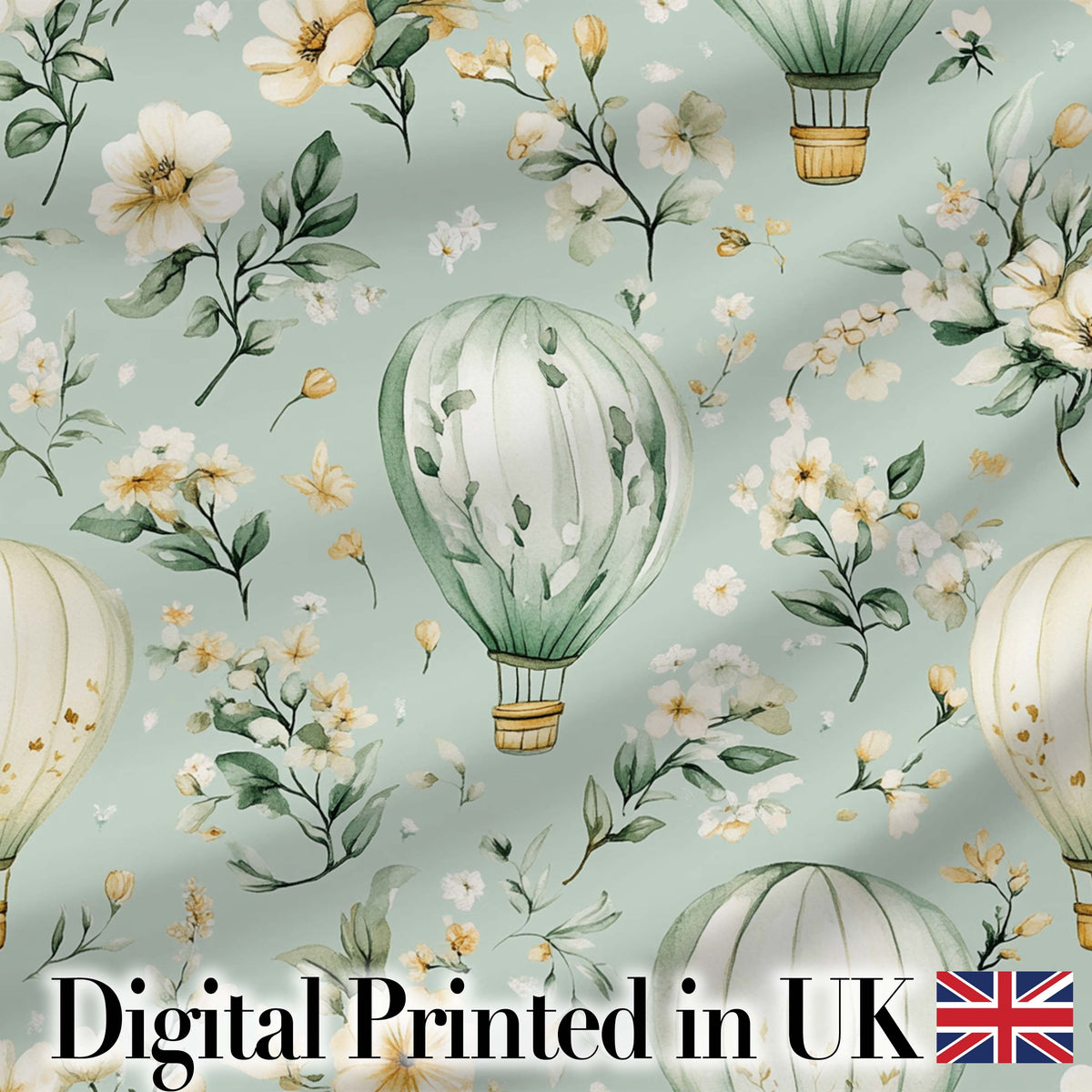 Hot Air Balloon Floral Pattern Green Background Seamless Lovely Digital Print Material by the Metre UK Sewing Quilting Textile