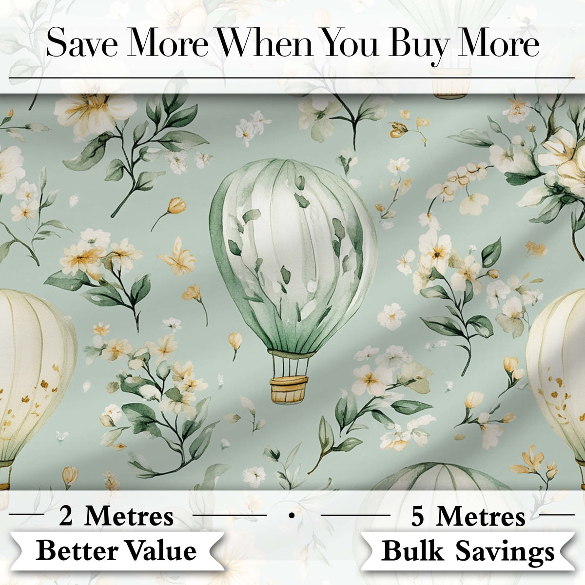 Hot Air Balloon Floral Pattern Green Background Seamless Lovely Digital Print Material by the Metre UK Sewing Quilting Textile