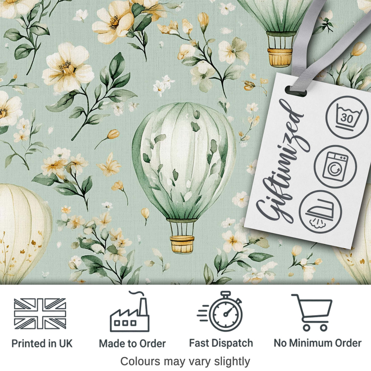 Hot Air Balloon Floral Pattern Green Background Seamless Lovely Digital Print Material by the Metre UK Sewing Quilting Textile