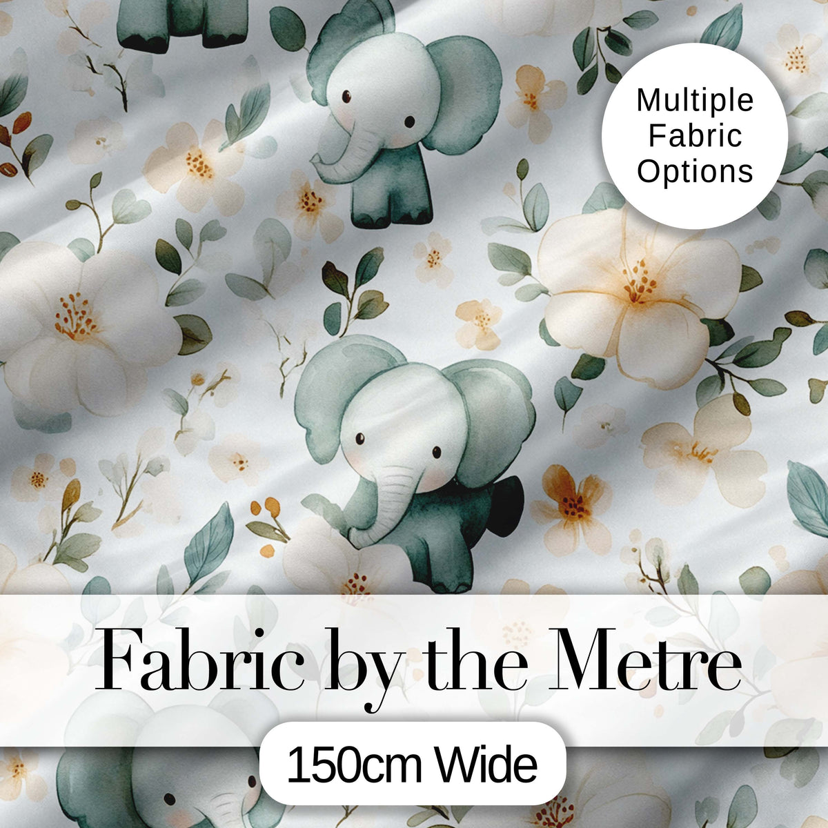 Cute Baby Elephant Floral Watercolor Pattern Pastel Nursery Design Digital Print Material by the Metre UK Sewing Quilting Textile