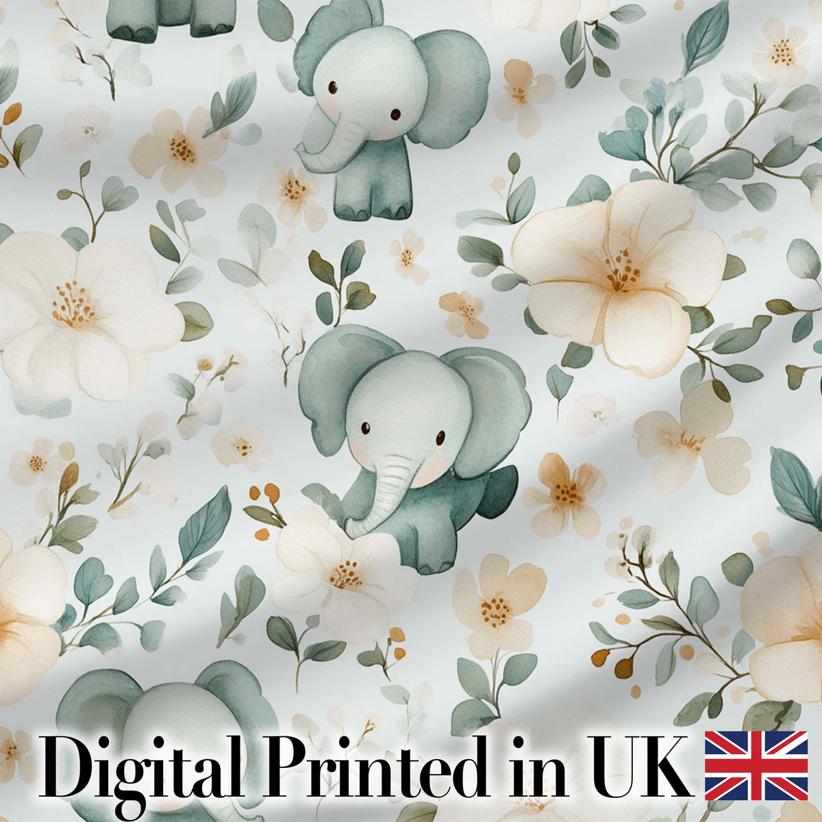 Cute Baby Elephant Floral Watercolor Pattern Pastel Nursery Design Digital Print Material by the Metre UK Sewing Quilting Textile
