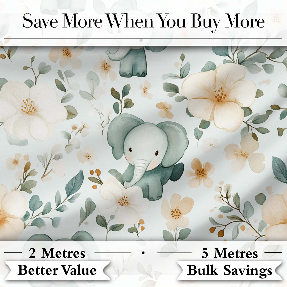 Cute Baby Elephant Floral Watercolor Pattern Pastel Nursery Design Digital Print Material by the Metre UK Sewing Quilting Textile