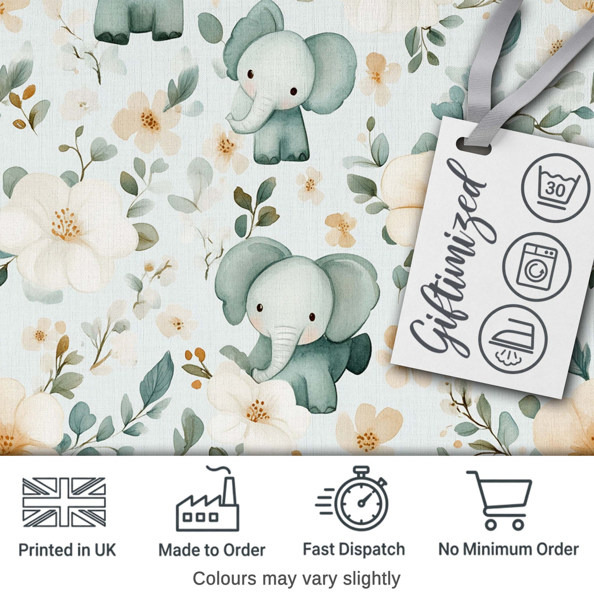 Cute Baby Elephant Floral Watercolor Pattern Pastel Nursery Design Digital Print Material by the Metre UK Sewing Quilting Textile