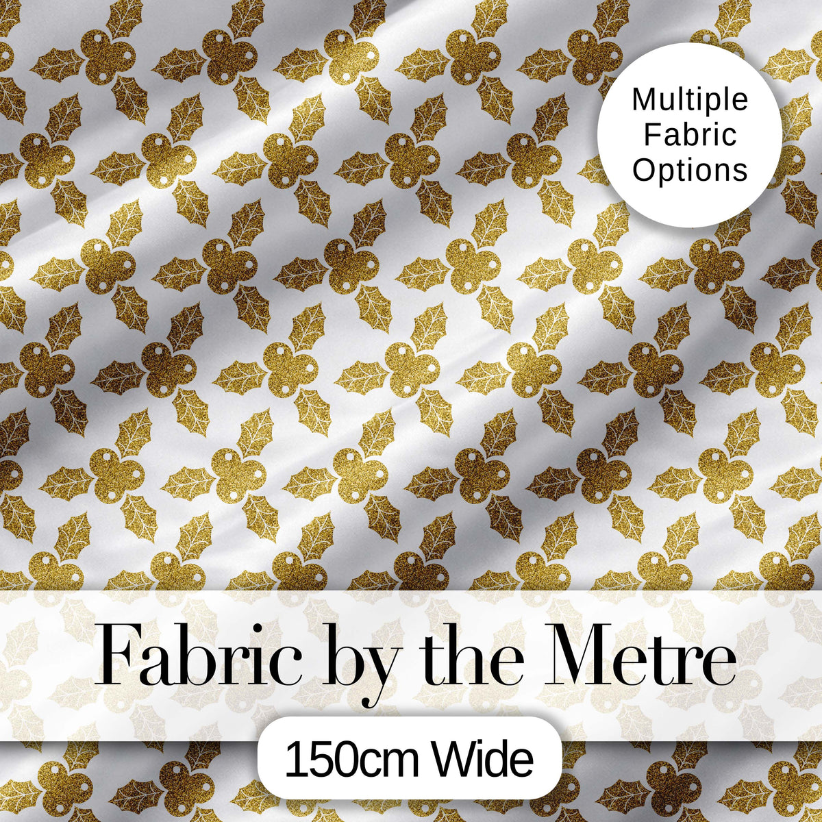 Gold Glitter Holly Christmas Pattern Festive Seamless Design Lovely Digital Print Material by the Metre UK Sewing Quilting Textile