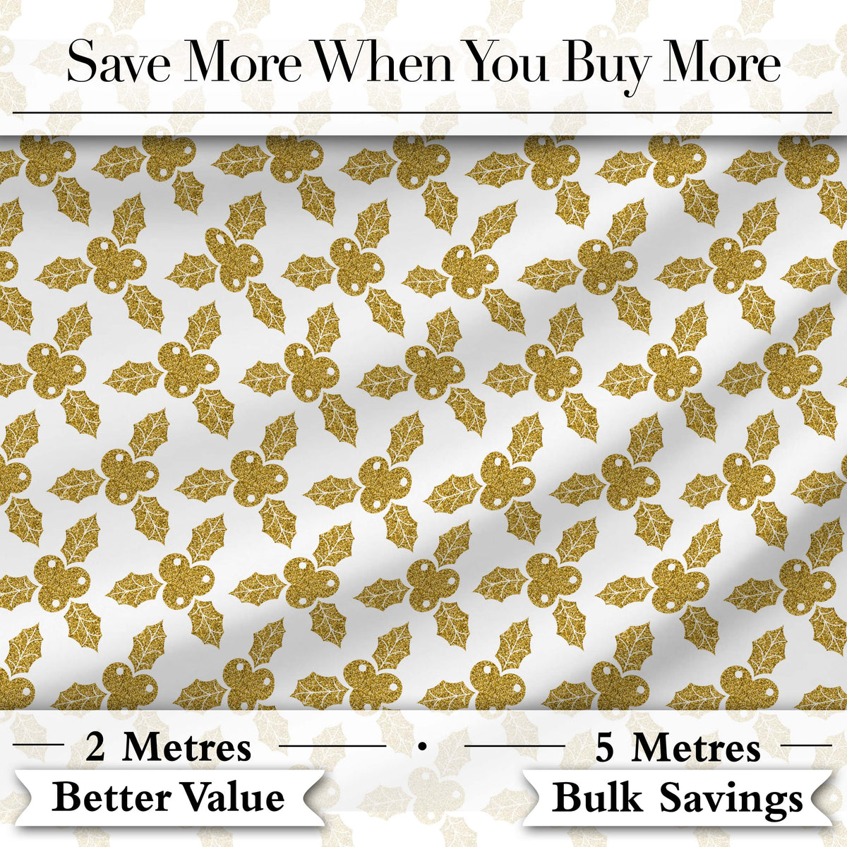 Gold Glitter Holly Christmas Pattern Festive Seamless Design Lovely Digital Print Material by the Metre UK Sewing Quilting Textile