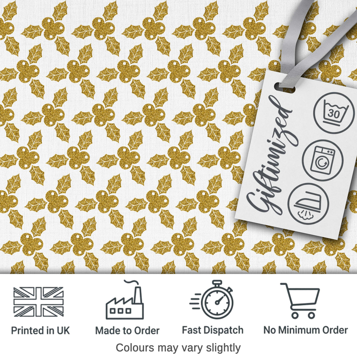 Gold Glitter Holly Christmas Pattern Festive Seamless Design Lovely Digital Print Material by the Metre UK Sewing Quilting Textile