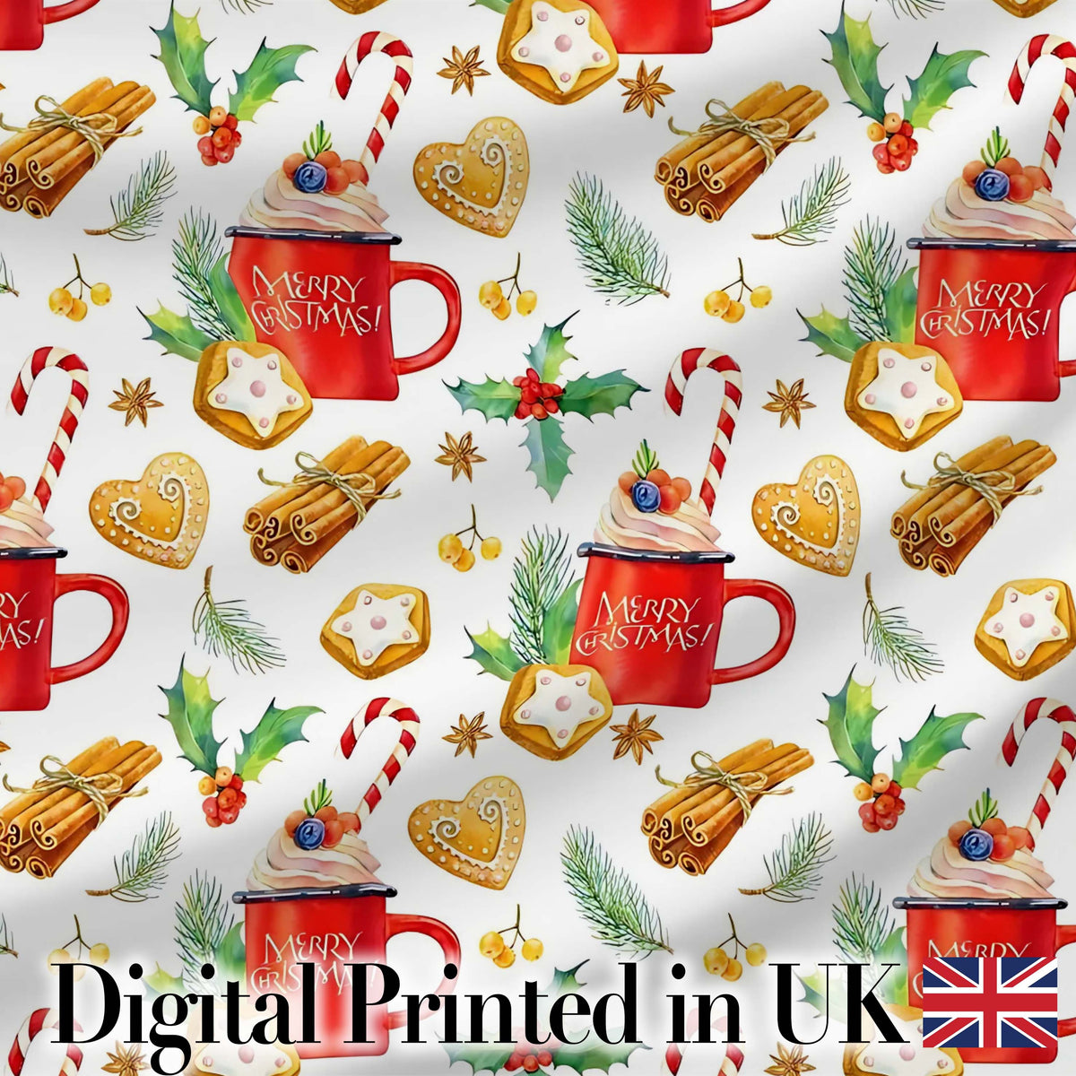 Christmas Candy Cane Gingerbread Festive Pattern Seamless Design Digital Print Material by the Metre UK Sewing Quilting Textile