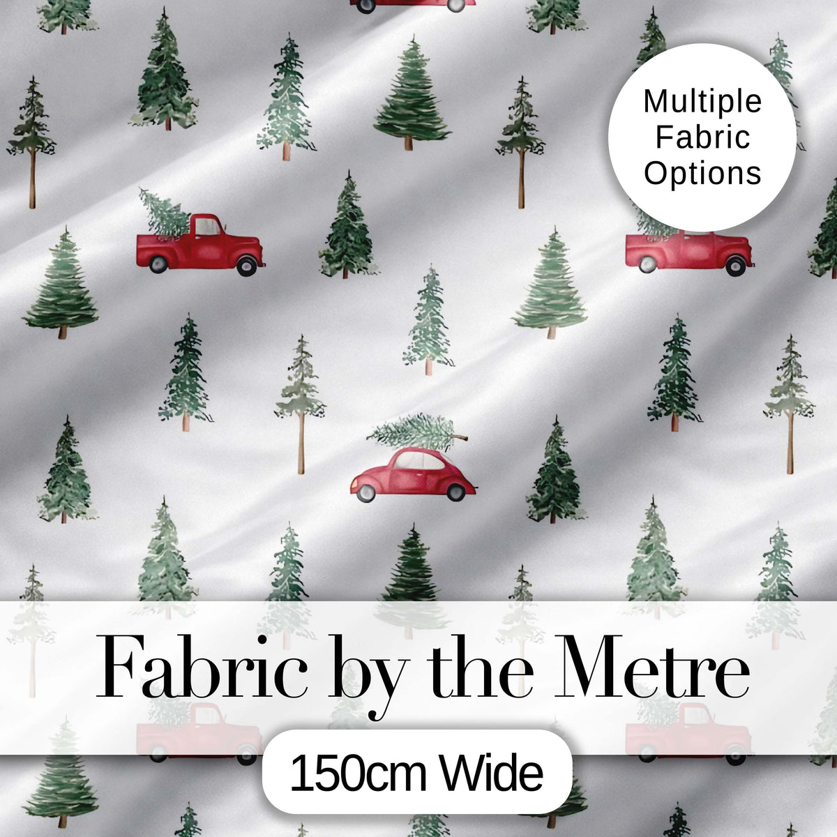 Winter Forest Red Car Christmas Tree Pattern Seamless Design Lovely Digital Print Material by the Metre UK Sewing Quilting Textile