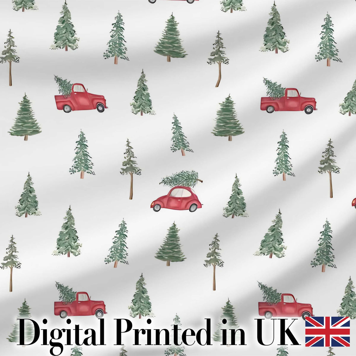 Winter Forest Red Car Christmas Tree Pattern Seamless Design Lovely Digital Print Material by the Metre UK Sewing Quilting Textile
