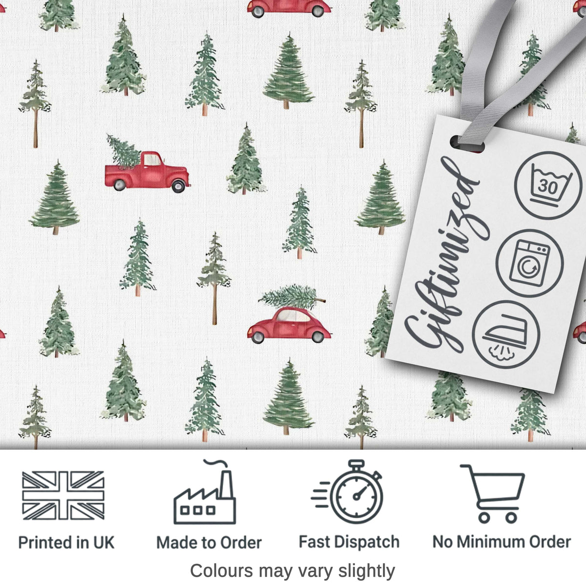 Winter Forest Red Car Christmas Tree Pattern Seamless Design Lovely Digital Print Material by the Metre UK Sewing Quilting Textile