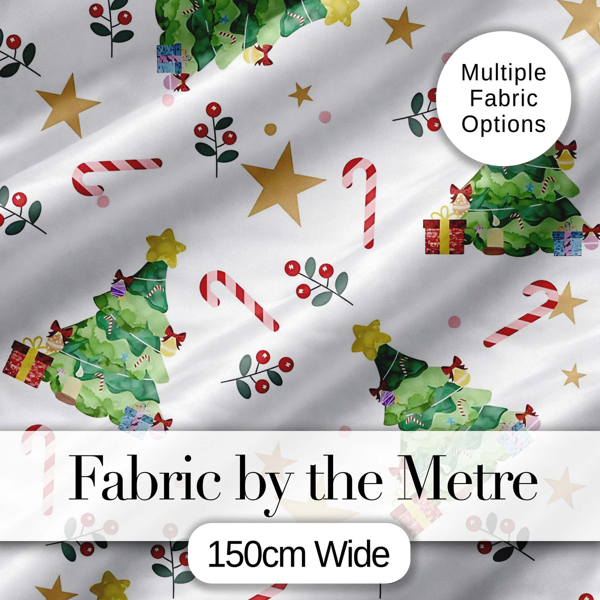 Watercolor Christmas Tree Candy Cane Pattern Festive Seamless Design Digital Print Material by the Metre UK Sewing Quilting Textile