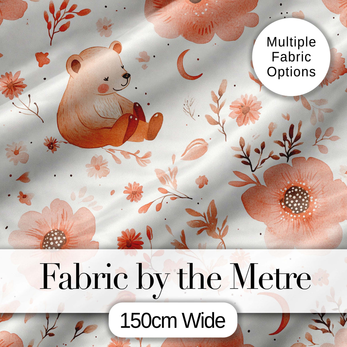 Cute Teddy Bear Floral Nursery Pattern Soft Watercolour Illustration Digital Print Material by the Metre UK Sewing Quilting Textile