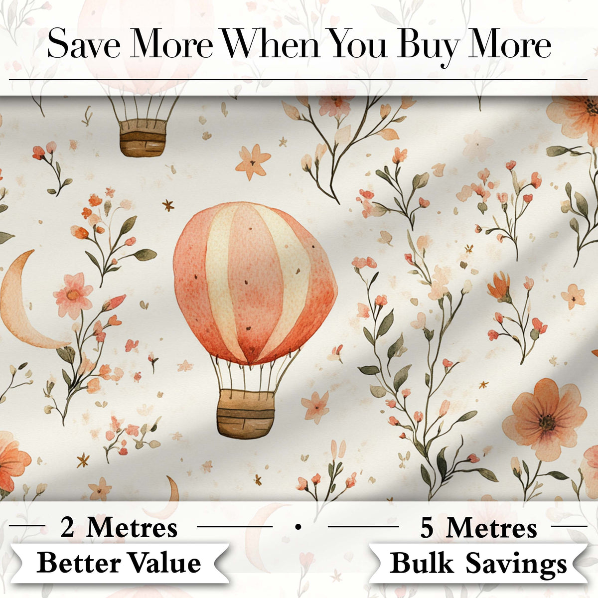 Watercolor Hot Air Balloon Floral Botanical Seamless Pattern Lovely Digital Print Material by the Metre UK Sewing Quilting Textile