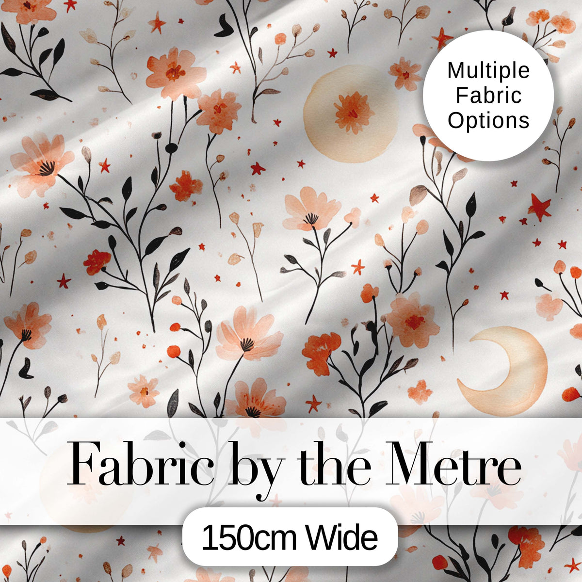 Watercolor Peach Floral Moon Star Botanical Seamless Pattern Lovely Digital Print Material by the Metre UK Sewing Quilting Textile