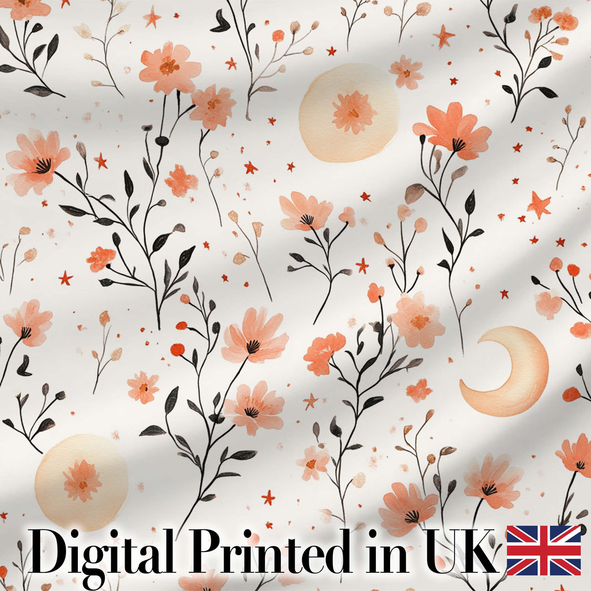 Watercolor Peach Floral Moon Star Botanical Seamless Pattern Lovely Digital Print Material by the Metre UK Sewing Quilting Textile