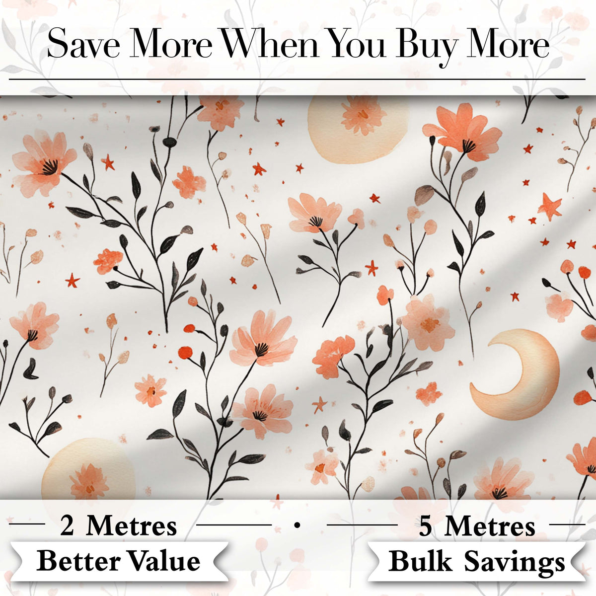 Watercolor Peach Floral Moon Star Botanical Seamless Pattern Lovely Digital Print Material by the Metre UK Sewing Quilting Textile
