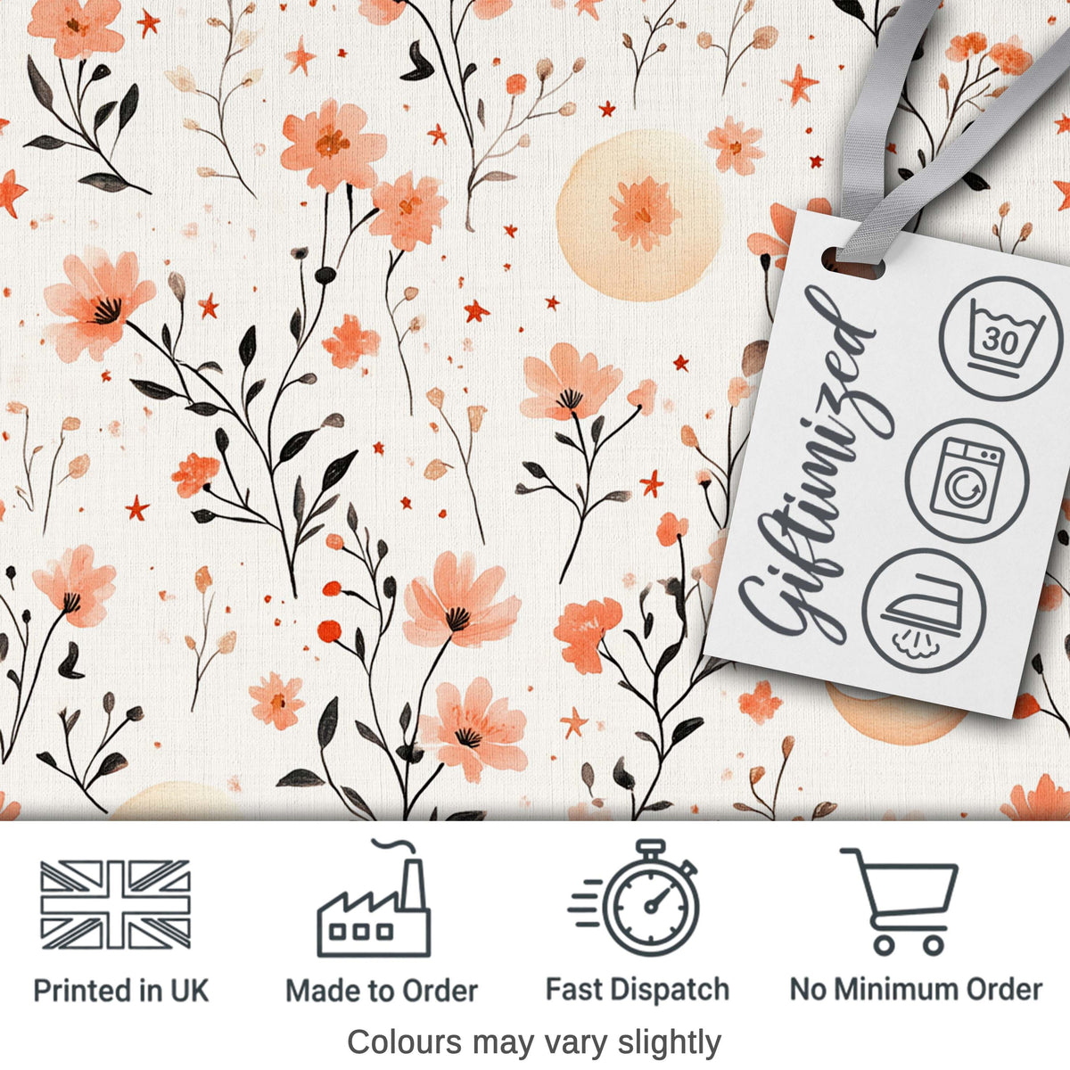 Watercolor Peach Floral Moon Star Botanical Seamless Pattern Lovely Digital Print Material by the Metre UK Sewing Quilting Textile