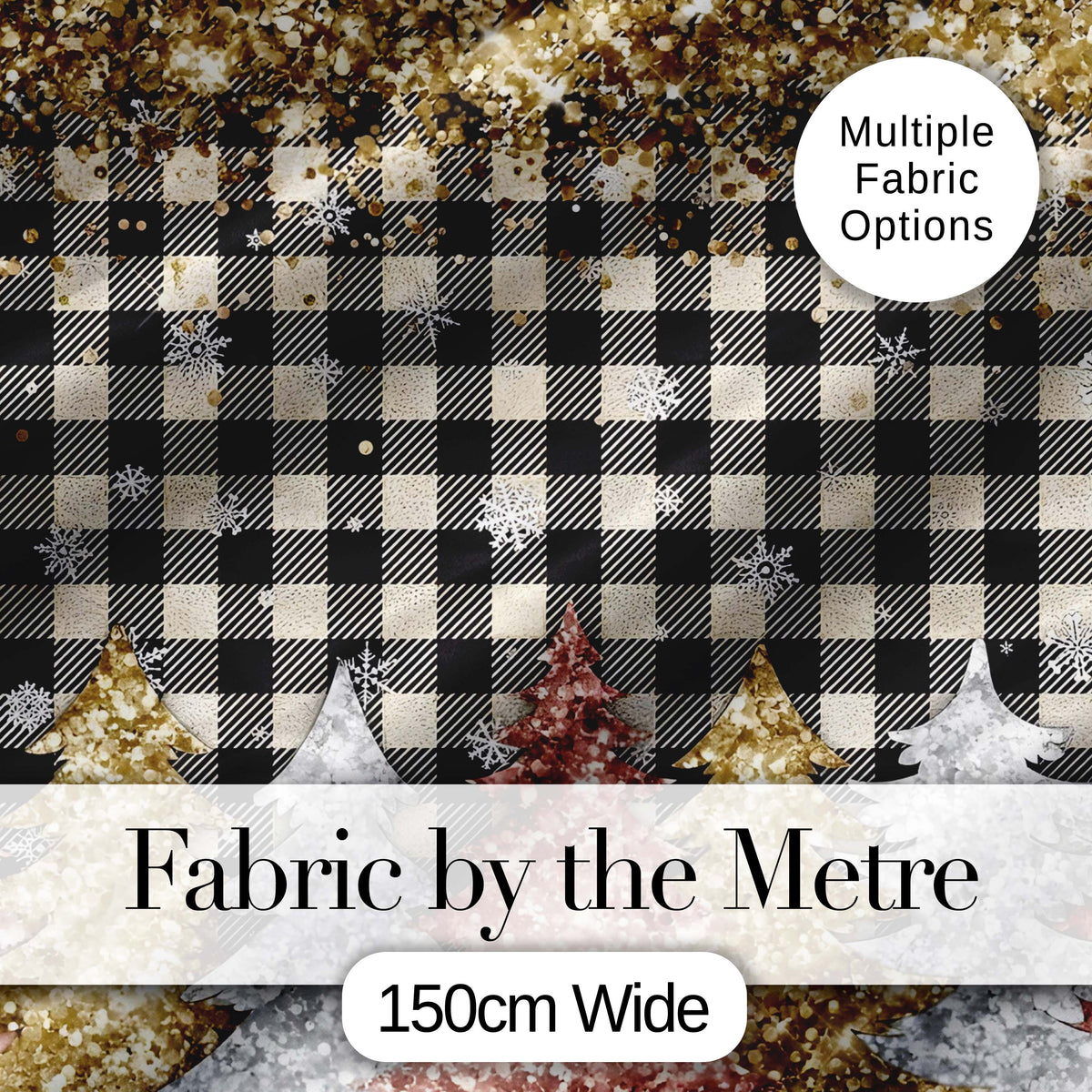 Black Gold Christmas Plaid Pattern Festive Snowflake Seamless Design Digital Print Material by the Metre UK Sewing Quilting Textile