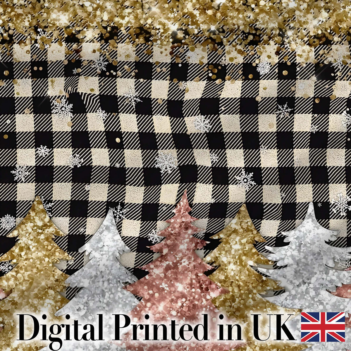 Black Gold Christmas Plaid Pattern Festive Snowflake Seamless Design Digital Print Material by the Metre UK Sewing Quilting Textile