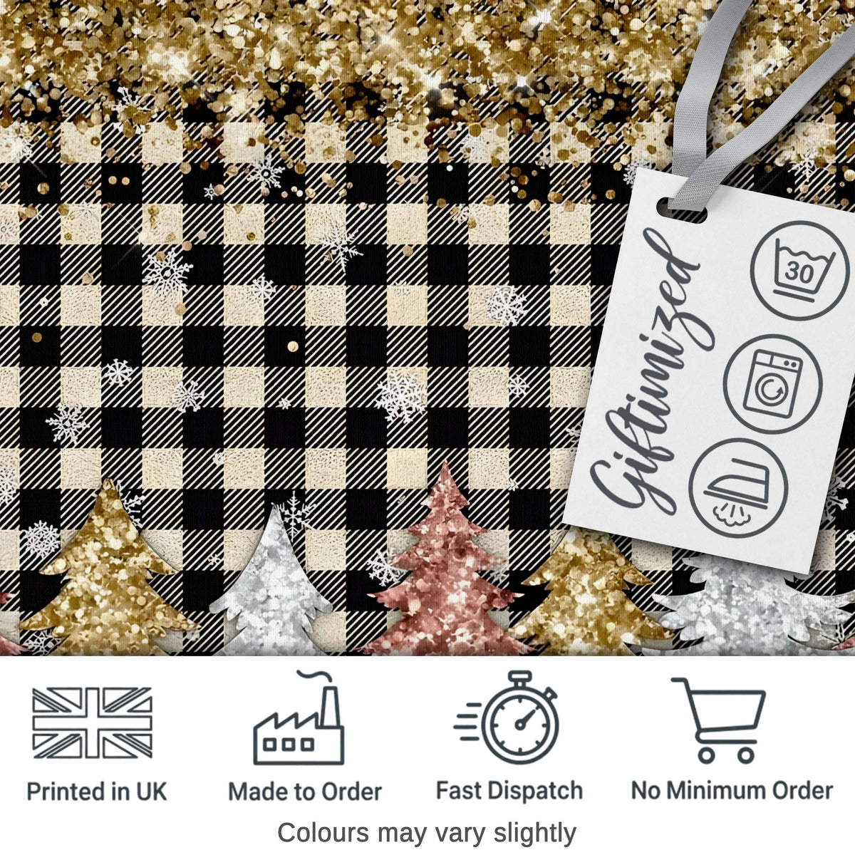 Black Gold Christmas Plaid Pattern Festive Snowflake Seamless Design Digital Print Material by the Metre UK Sewing Quilting Textile