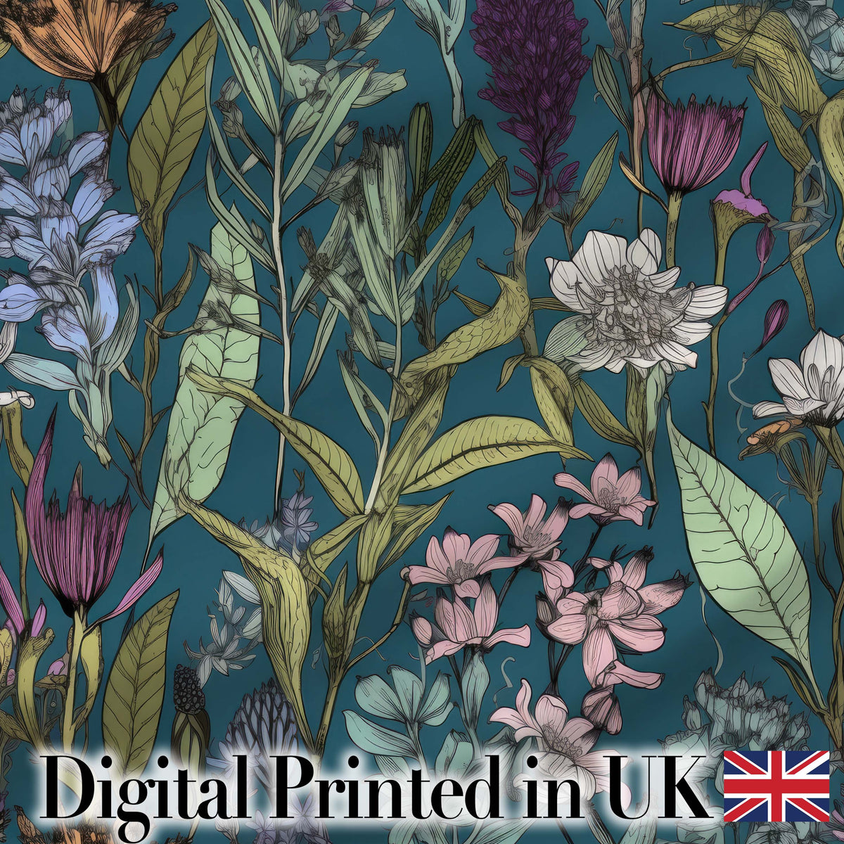 Elegant Botanical Floral Line Art Green Background Seamless Pattern Digital Print Material by the Metre UK Sewing Quilting Textile