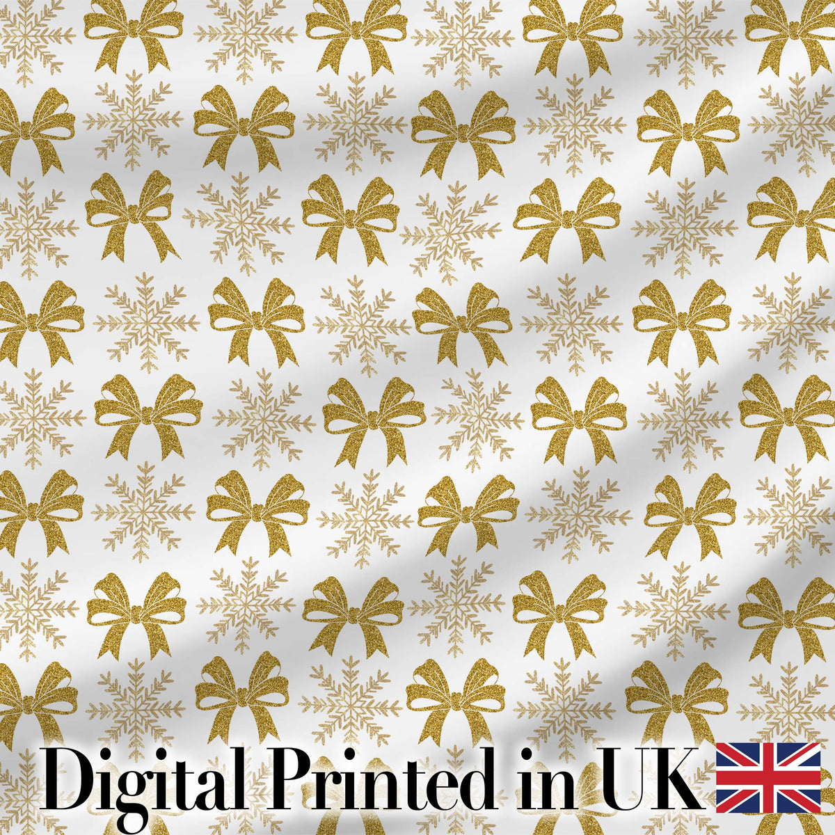 Gold Glitter Snowflake and Bow Christmas Pattern Cute Unique Gift Digital Print Material by the Metre UK Sewing Quilting Textile