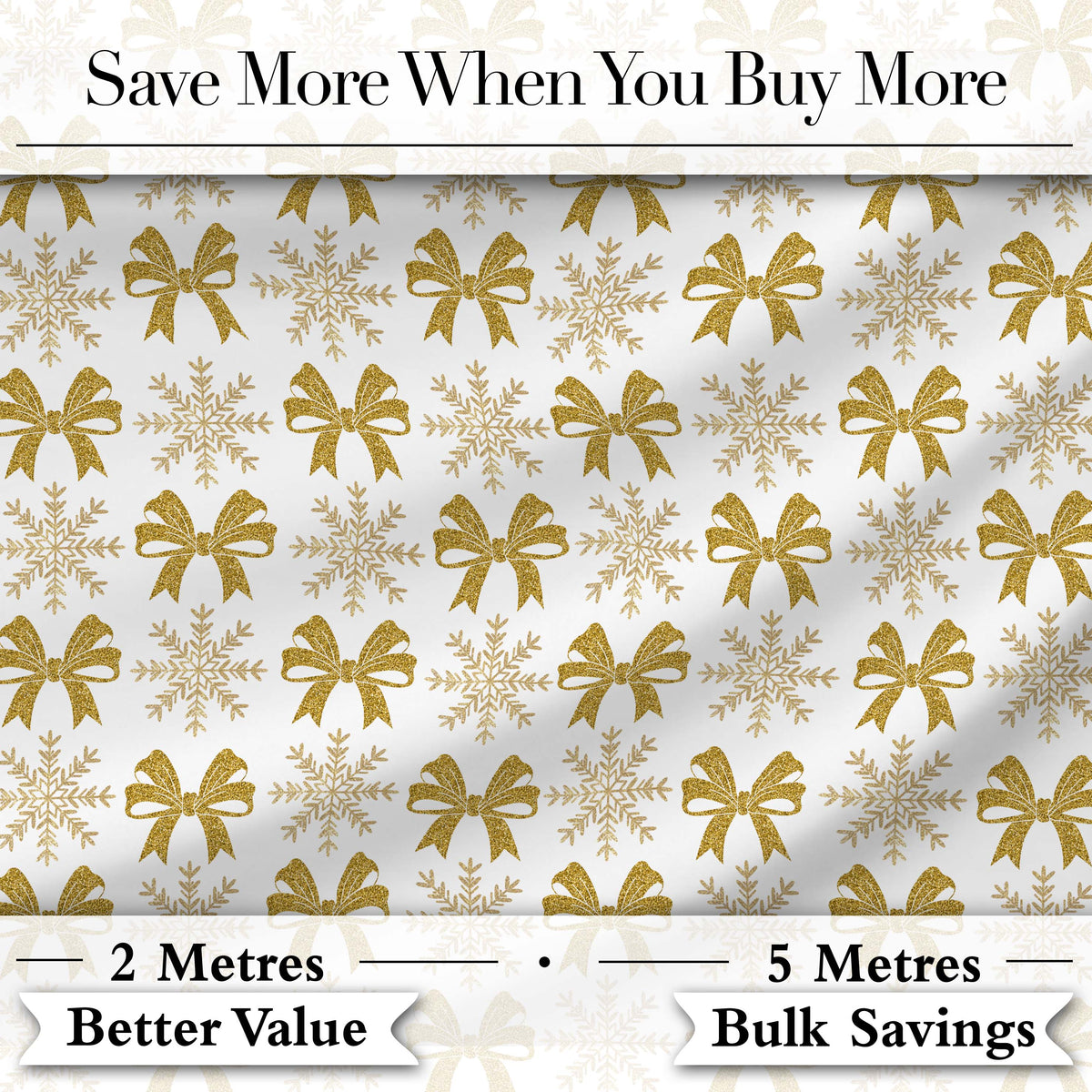 Gold Glitter Snowflake and Bow Christmas Pattern Cute Unique Gift Digital Print Material by the Metre UK Sewing Quilting Textile