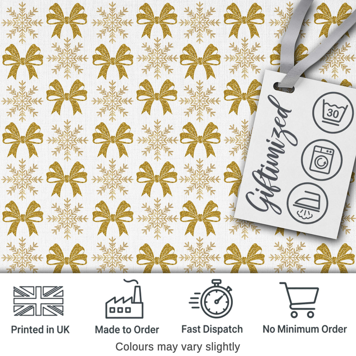 Gold Glitter Snowflake and Bow Christmas Pattern Cute Unique Gift Digital Print Material by the Metre UK Sewing Quilting Textile