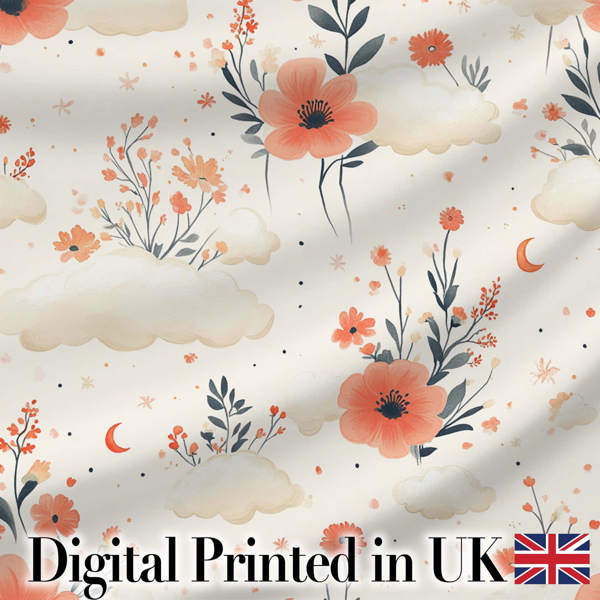 Watercolour Floral Cloud Pattern Soft Peach Tones Cute Unique Gift Digital Print Material by the Metre UK Sewing Quilting Textile