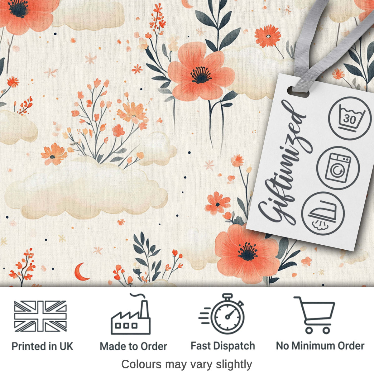 Watercolour Floral Cloud Pattern Soft Peach Tones Cute Unique Gift Digital Print Material by the Metre UK Sewing Quilting Textile