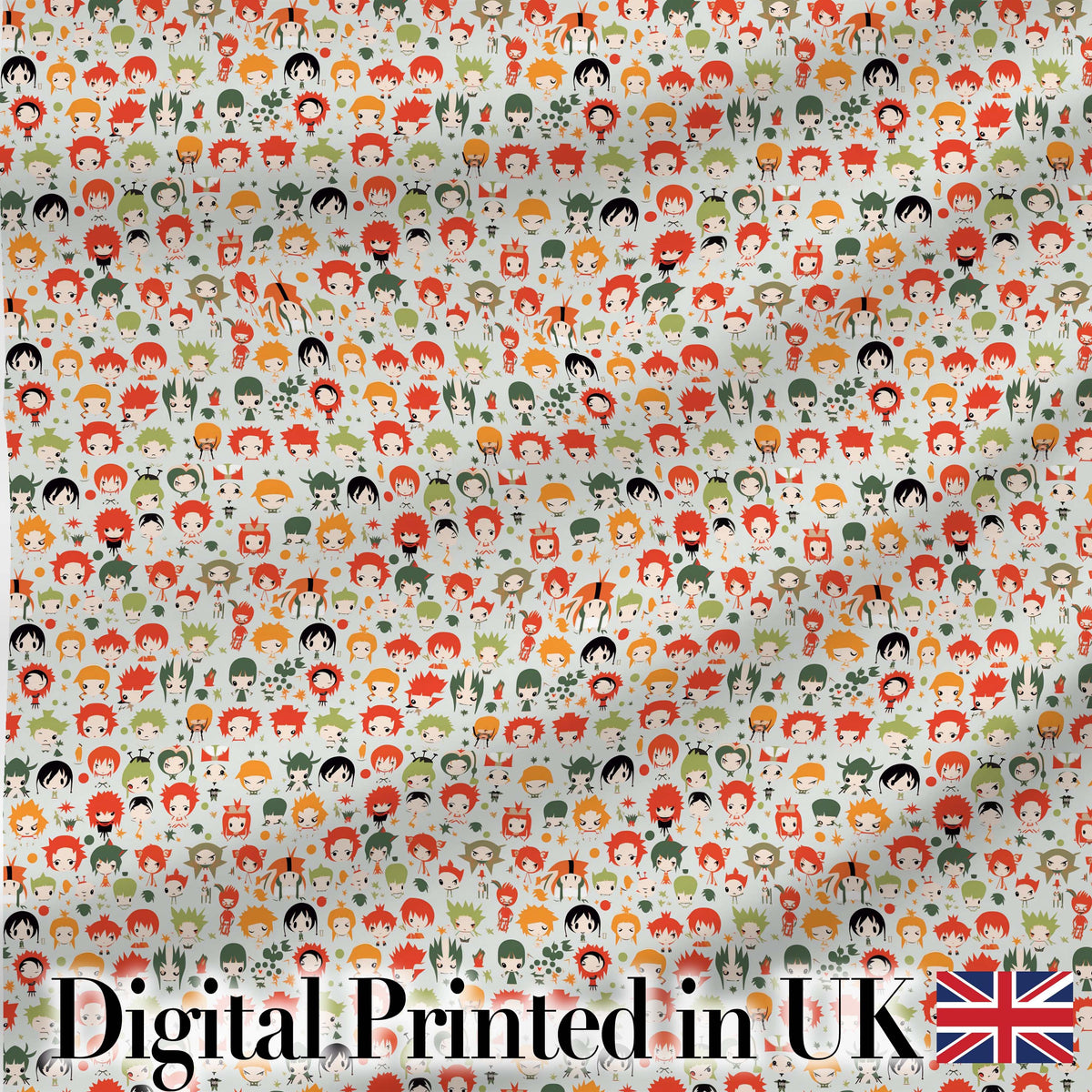 Chibi Cartoon Character Mixed Pattern Cute Kids Design Lovely Digital Print Material by the Metre UK Sewing Quilting Textile