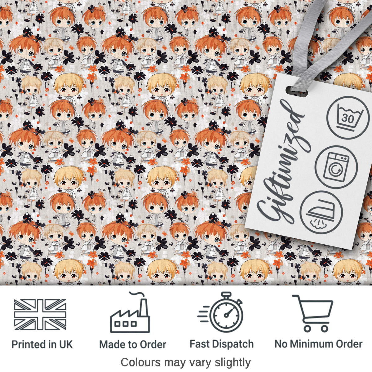 Cute Chibi Kids Floral Pattern Kawaii Character Design Lovely Digital Print Material by the Metre UK Sewing Quilting Textile