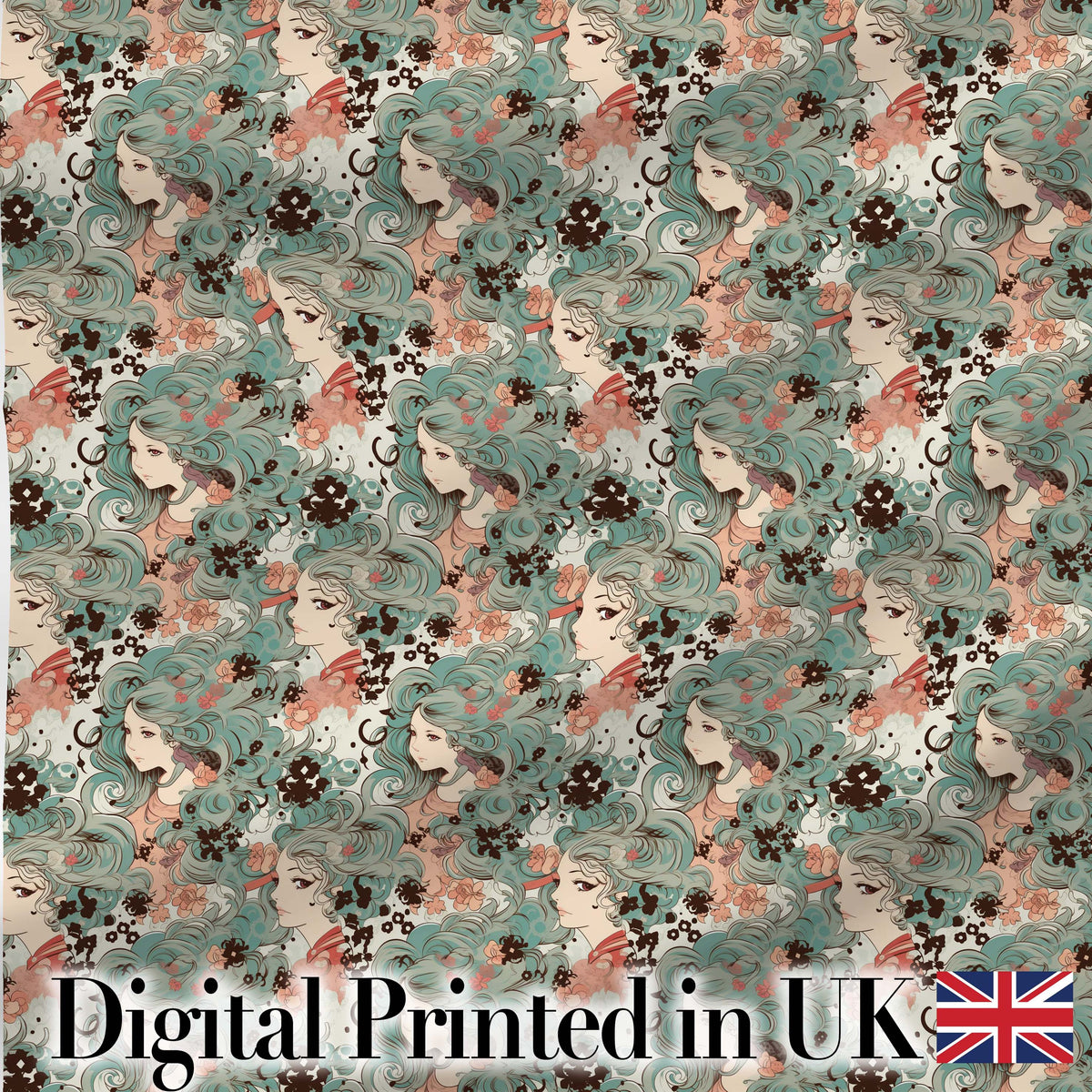 Elegant Woman Teal Hair Floral Artistic Pattern Stylish Everyday Digital Print Material by the Metre UK Sewing Quilting Textile