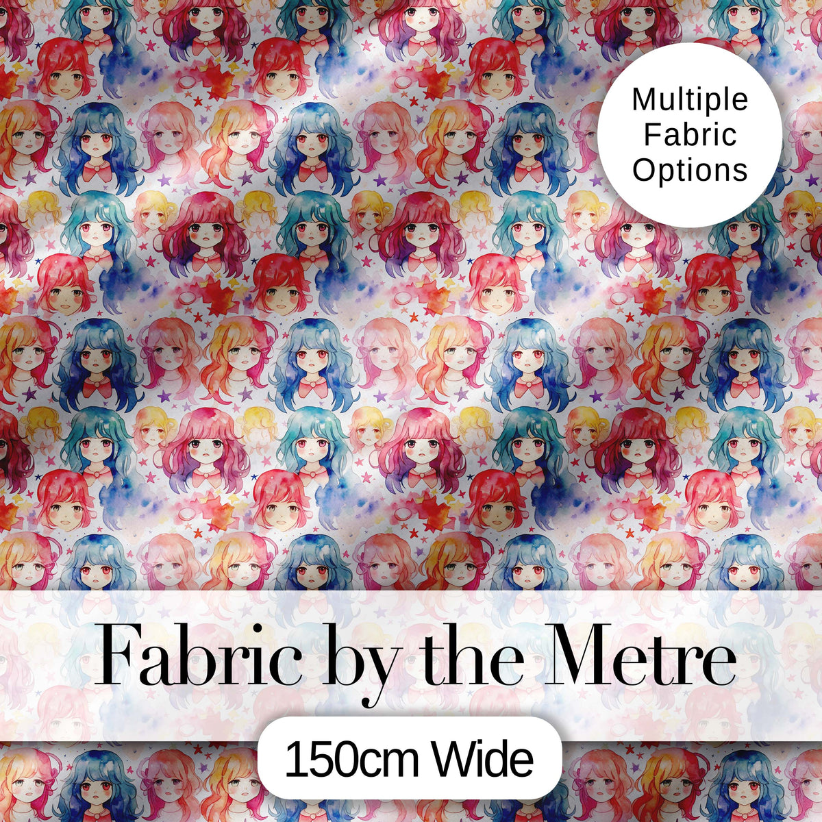 Colourful Anime Girls Pastel Star Pattern Kawaii Character Design Digital Print Material by the Metre UK Sewing Quilting Textile