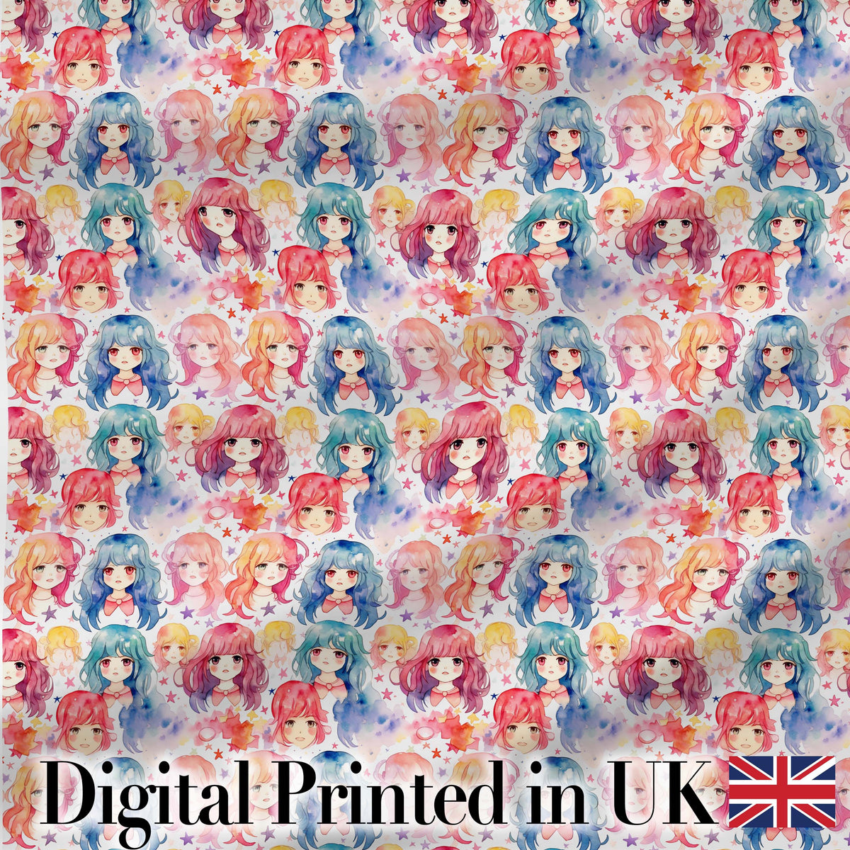 Colourful Anime Girls Pastel Star Pattern Kawaii Character Design Digital Print Material by the Metre UK Sewing Quilting Textile