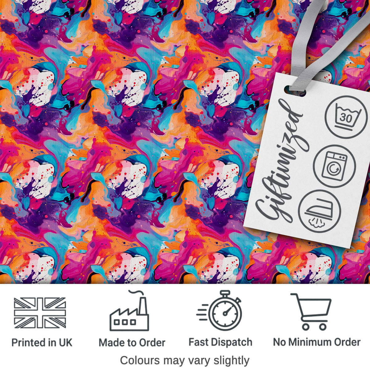 Colourful Liquid Marble Swirl Pink Purple Orange Abstract Pattern Digital Print Material by the Metre UK Sewing Quilting Textile