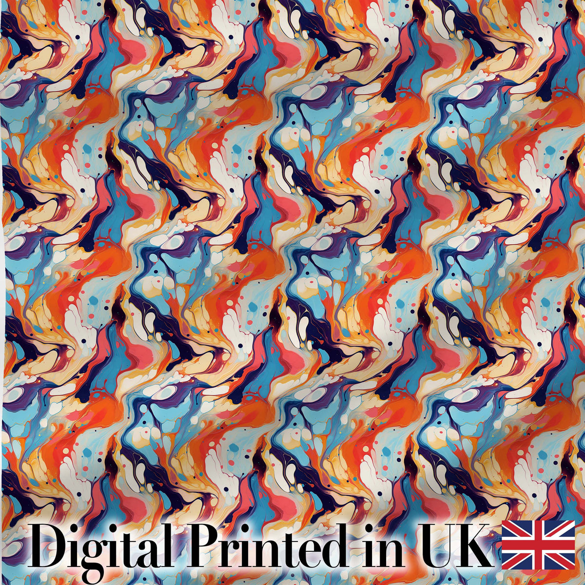 Vibrant Retro Marble Swirl Blue Orange Cream Abstract Pattern Lovely Digital Print Material by the Metre UK Sewing Quilting Textile
