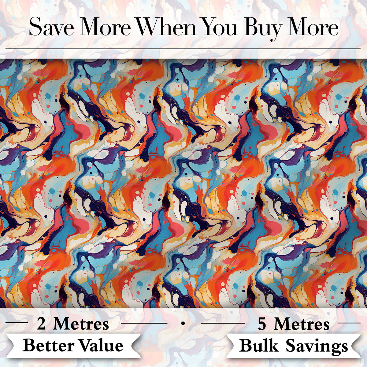 Vibrant Retro Marble Swirl Blue Orange Cream Abstract Pattern Lovely Digital Print Material by the Metre UK Sewing Quilting Textile