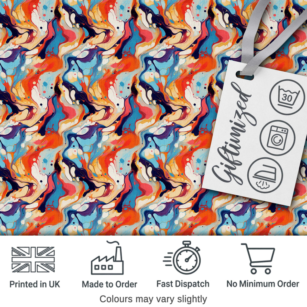 Vibrant Retro Marble Swirl Blue Orange Cream Abstract Pattern Lovely Digital Print Material by the Metre UK Sewing Quilting Textile
