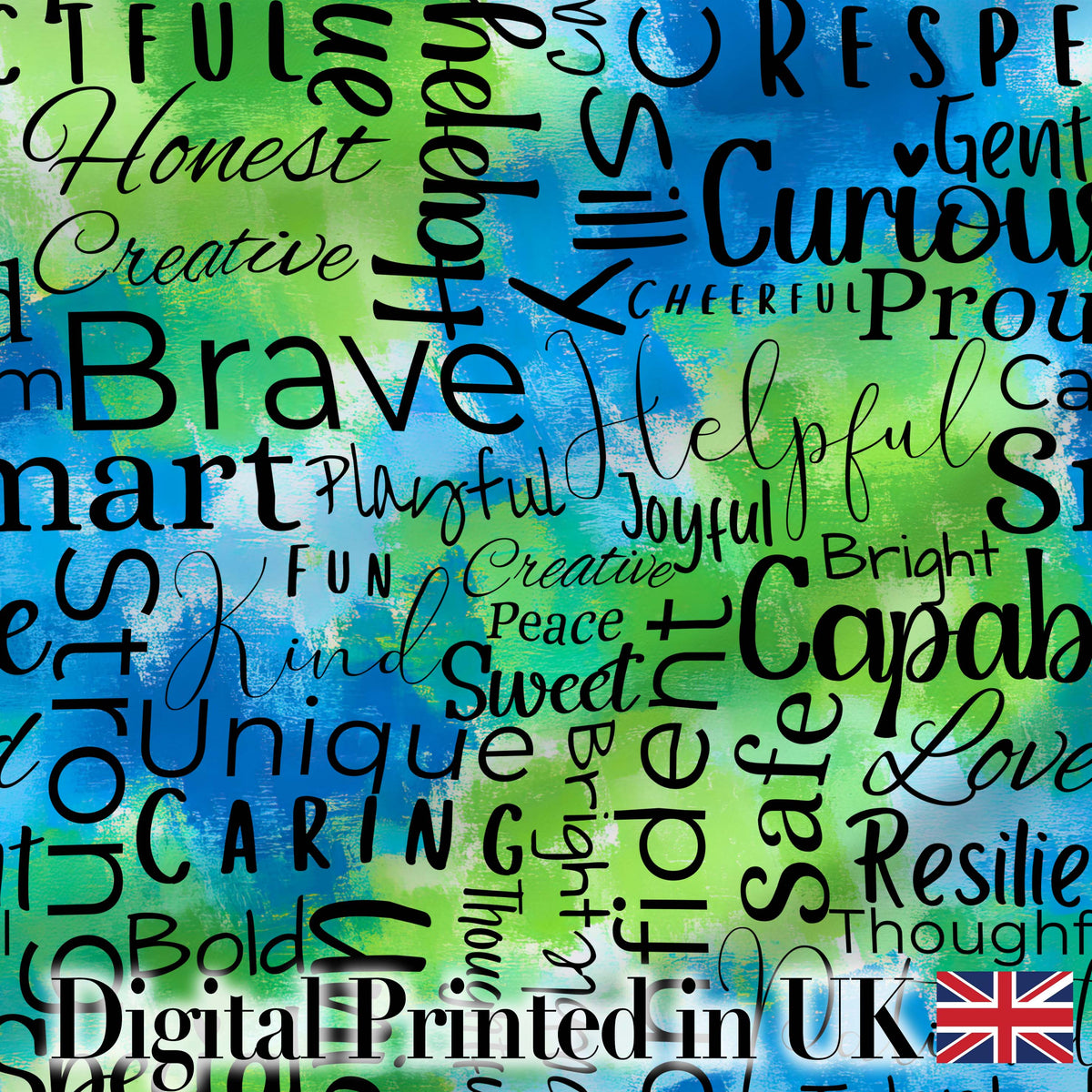 Splatter Paint Typography Multicolour Black Motivational Word Lovely Digital Print Material by the Metre UK Sewing Quilting Textile