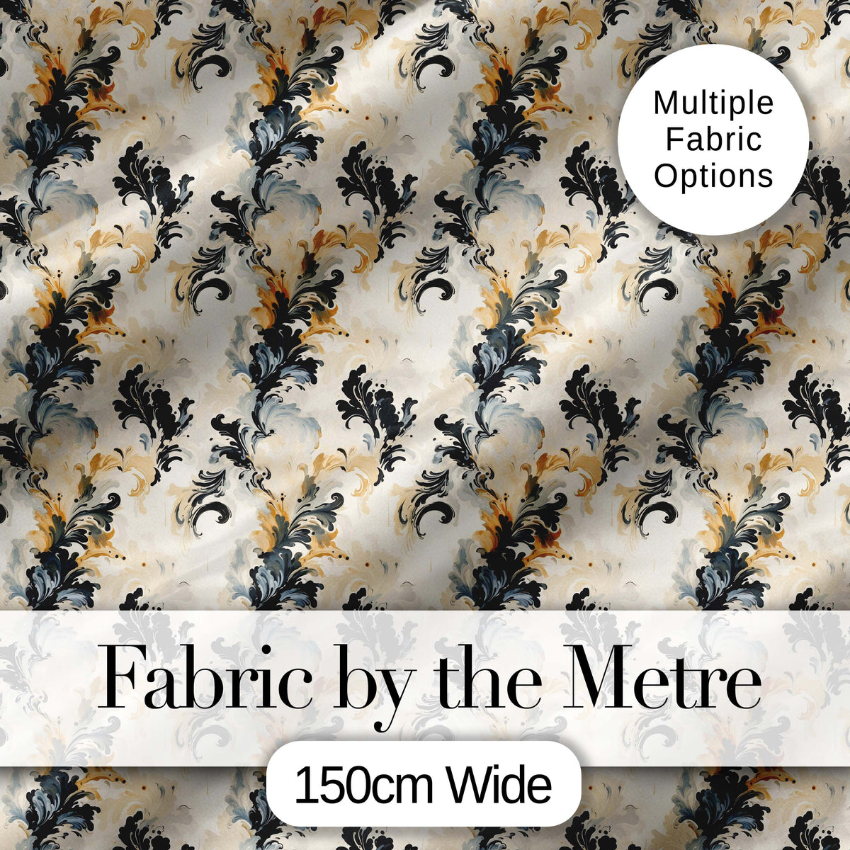 Blue Gold Baroque Floral Seamless Pattern Luxury Vintage Ornamental Digital Print Material by the Metre UK Sewing Quilting Textile