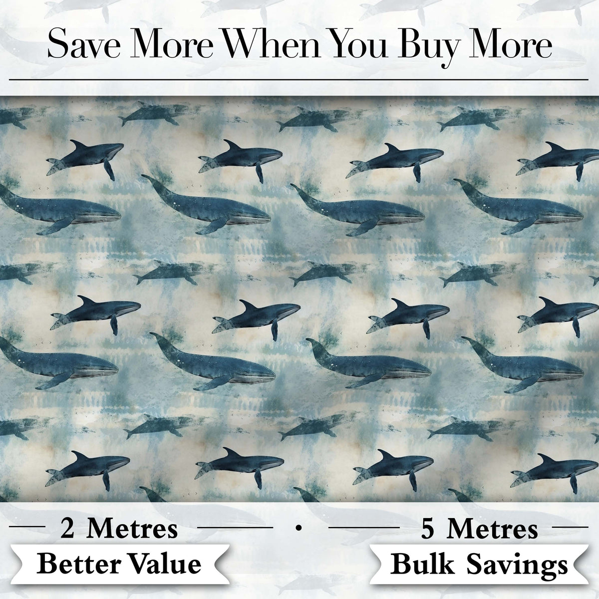 Dark Blue Whale Seamless Pattern Ocean Marine Animal Silhouette Digital Print Material by the Metre UK Sewing Quilting Textile